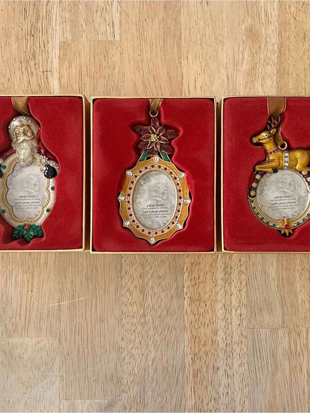 Set of 3 Vintage Costco Enamel Photo Frame Christmas Ornaments ~ Santa